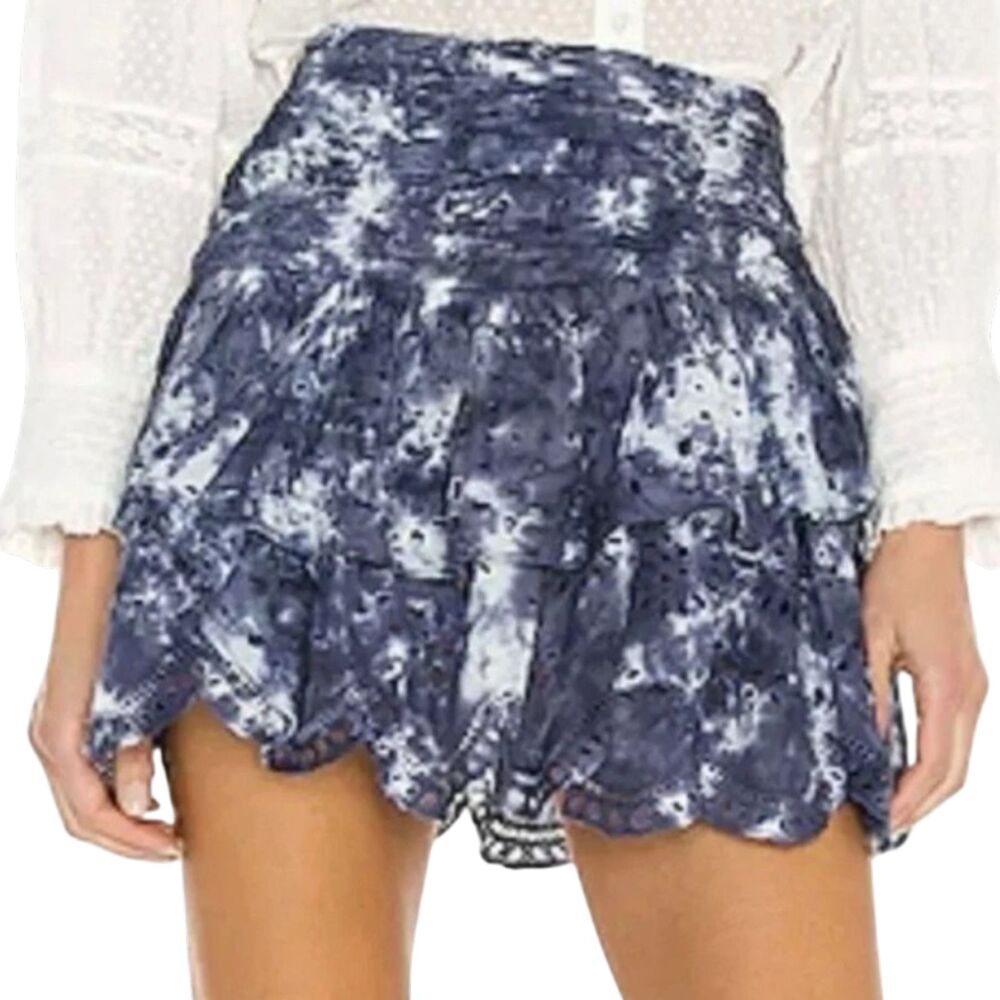 LoveShackFancy Onika Cotton Eyelet Ruffle Mini Skirt Midnight Hand Dye Size 6